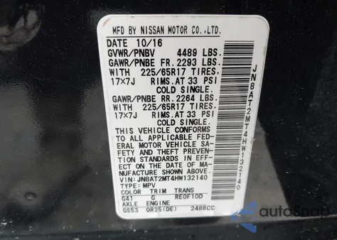 2017 Nissan Rogue Sv from USA, damaged, VIN JN8AT2MT4HW132140